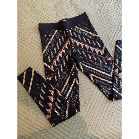 Express Black Sequin Embellished Leggings Party Sparkle Statement - Picture 4 of 9